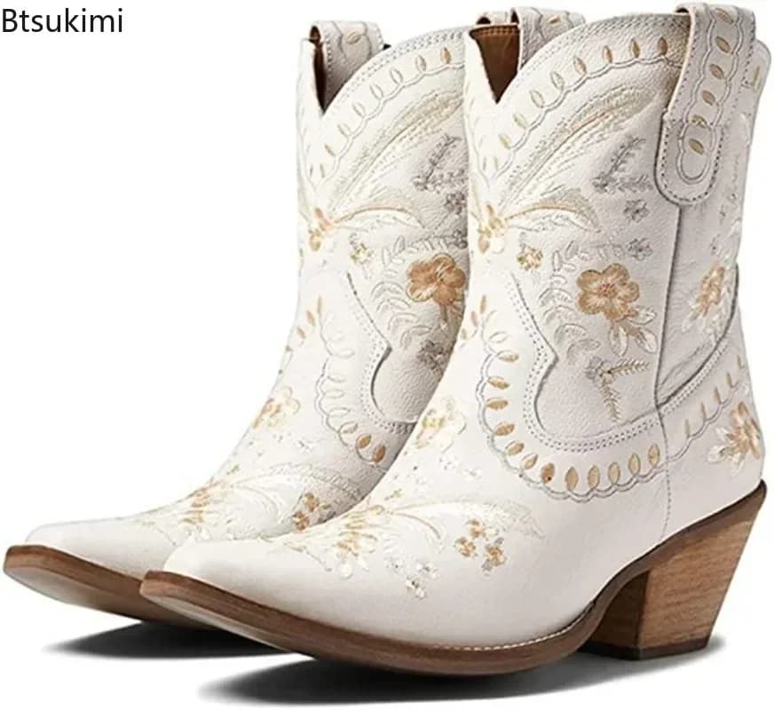 Nouvelles Bottes Western Brodé 2026 pour Femme, Bottines Cowboy Cowgirls à Imprimé Floral, Talon Carré Tendance, Bottines à Enfiler