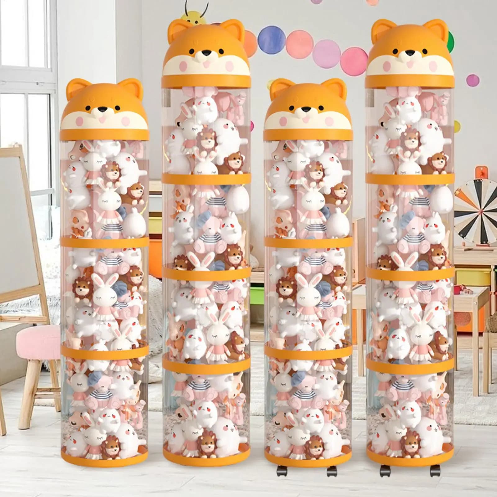 Seau de rangement pour jouets en peluche à la maison, Tube de rangement Transparent de grande capacité avec roulettes, rangement en peluche pour