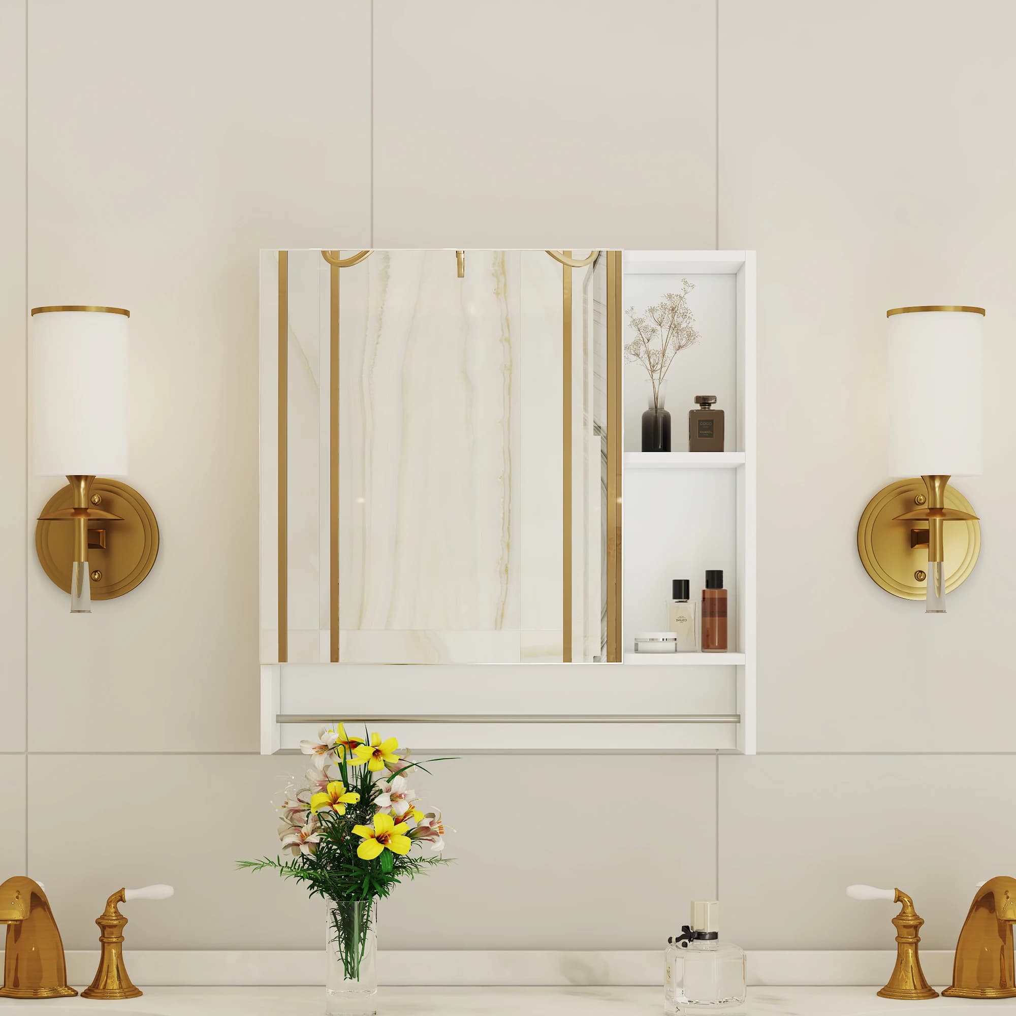 Armoire de salle de bain murale moderne en MDF blanc avec étagères de rangement ouvertes