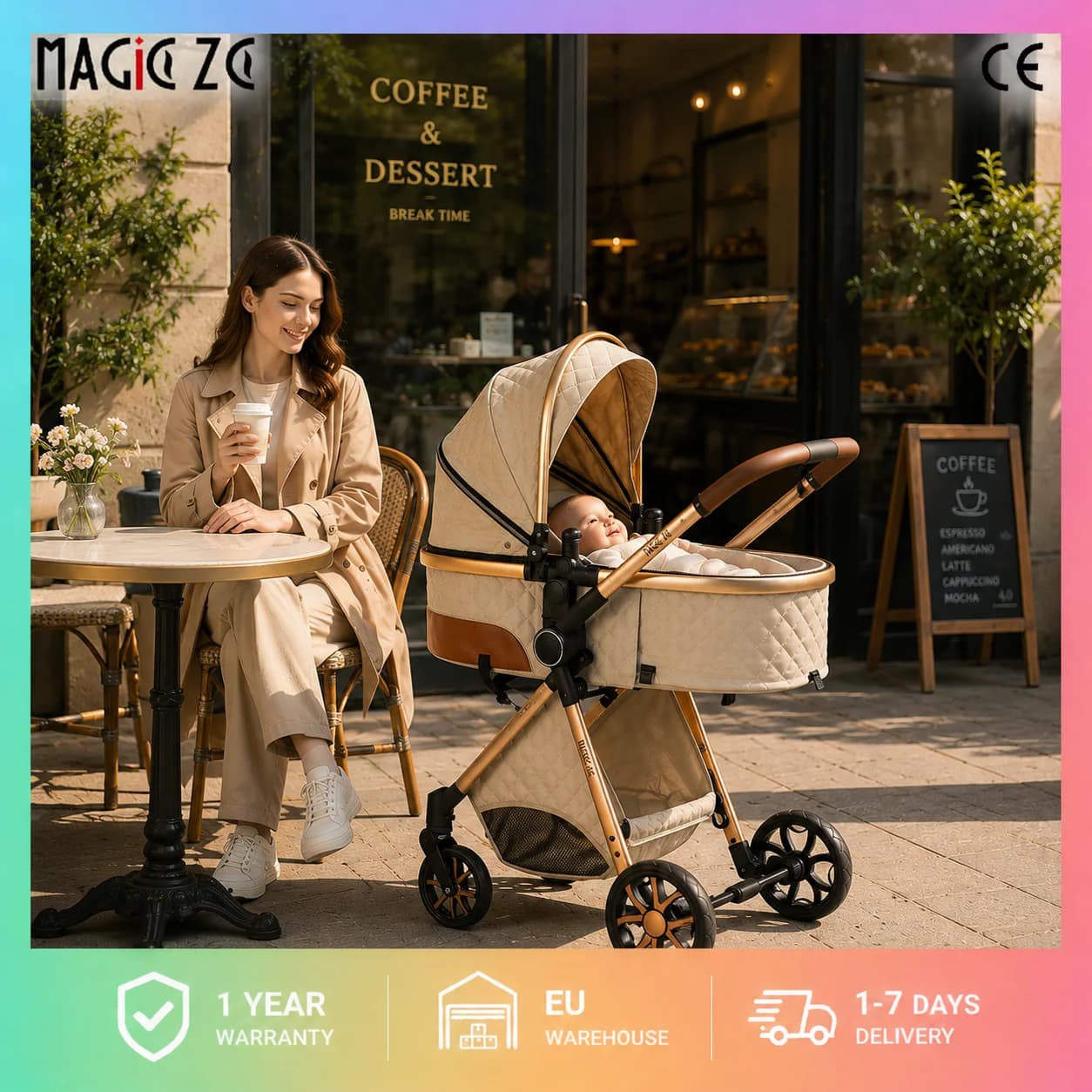 Système de poussette de voyage 3-en-1 Magic ZC, poussette compacte pliable avec nacelle, siège auto pour bébé et siège réversible, landau haute
