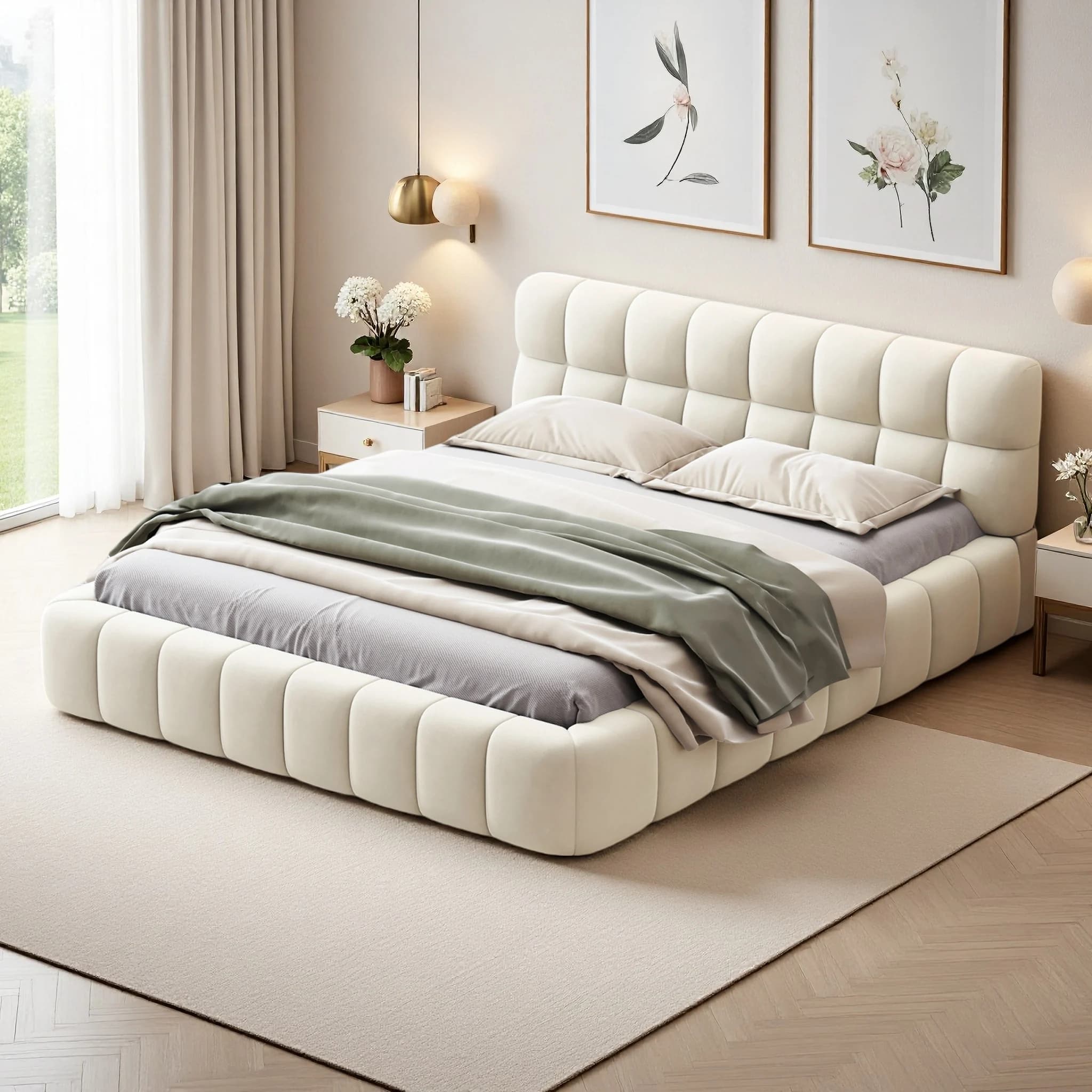 Lit rembourré Rosahqnda 140/160x200 cm, lit double plat, lit pour jeunes avec tête de lit rembourrée, sans matelas, tissu en lin blanc/gris