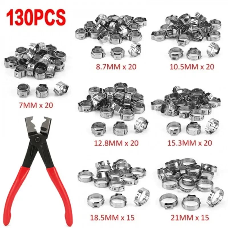 130 pièces 304 colliers de serrage en acier inoxydable 7-21mm colliers de serrage en continu à une oreille anneaux de serrage de cintré ou 1 pince