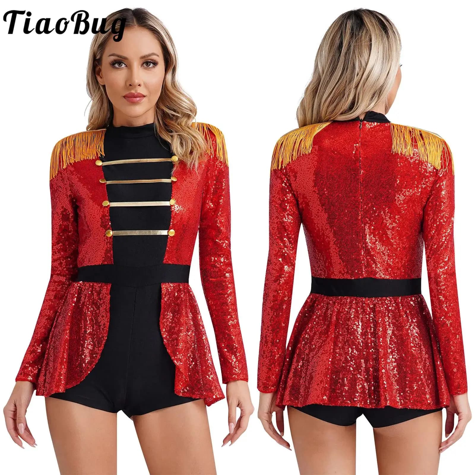 LYus Ringmaster Cosplay Costume pour femme, paillettes brillantes, manches longues, franges, robe léotard initiée, combinaison d'Halloween