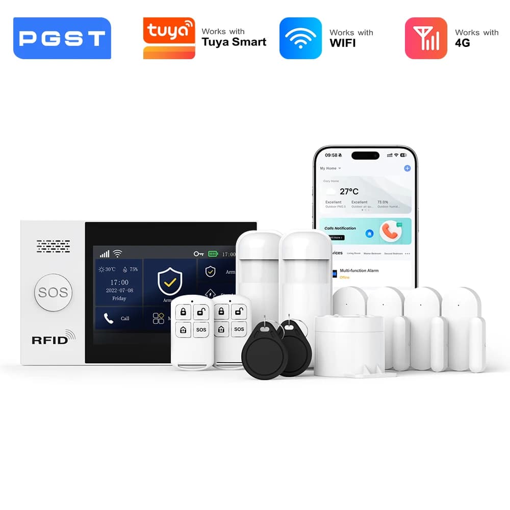 PGST alarme intelligente anti vol kit complet WiFi 4G Works with Tuya Smart Life sécurité sans fil résidentielle contrôle distant par application