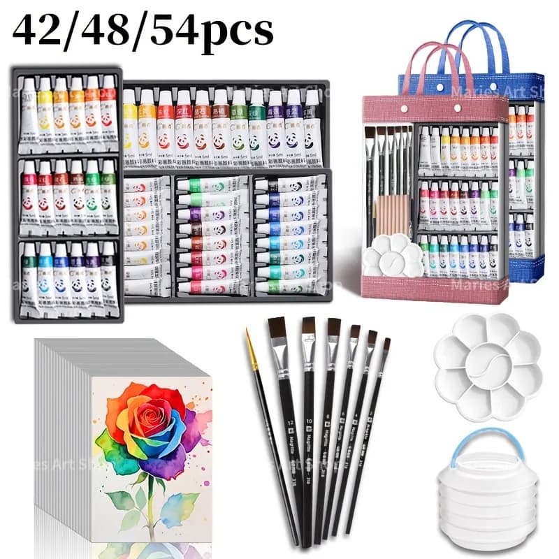 42/48/54 pièces ensemble de peinture aquarelle avec sac, 12/18/24 couleurs, pinceaux, papier, Palette, rondelle de pinceau pour l'école pour la