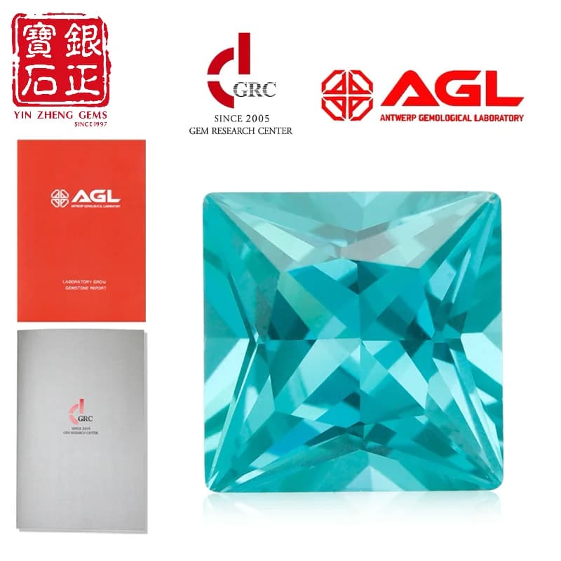 Tourmaline Paraiba de laboratoire, taille princesse carrée, effet flamme fondue, peut être fournie avec certificat AGL, pour la culture de