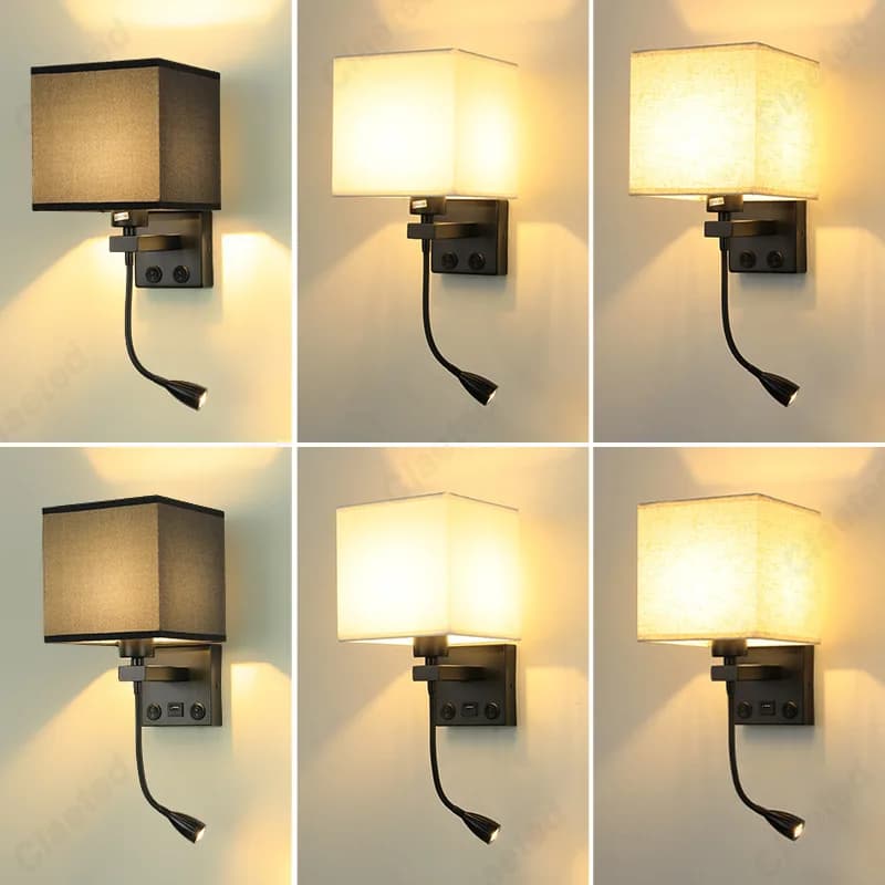 Abat-jour LED en tissu E27 avec interrupteur, applique murale, Port de chargement USB, Angle réglable, projecteur, lampe de lecture pour chambre à