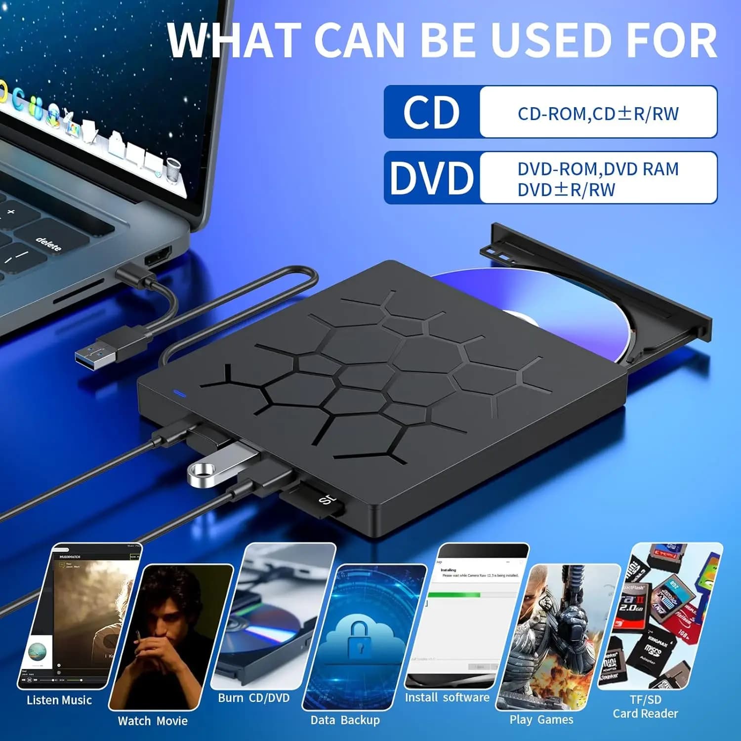 Lecteur CD DVD externe, graveur CD ultra mince USB 3.0 avec 4 ports USB et 2 emplacements pour cartes TF/SD, disque optique pour ordinateur portable