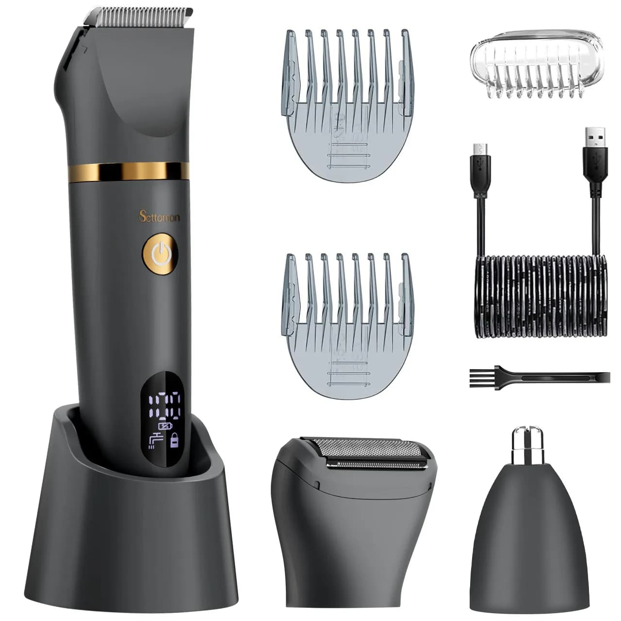 Scttomon Kit de toilettage 5 en 1 pour hommes Tondeuse à cheveux Tondeuse à barbe Rasoir Coupe-nez avec support de charge à affichage LED