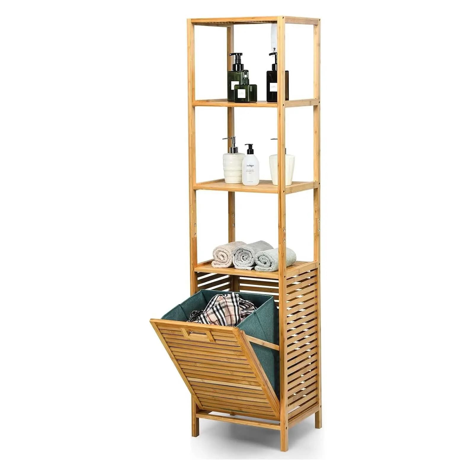 Étagère de salle de bain et panier à linge 2 en 1, armoire haute pour salle de bain en bambou avec 3 étagères, armoire à linge