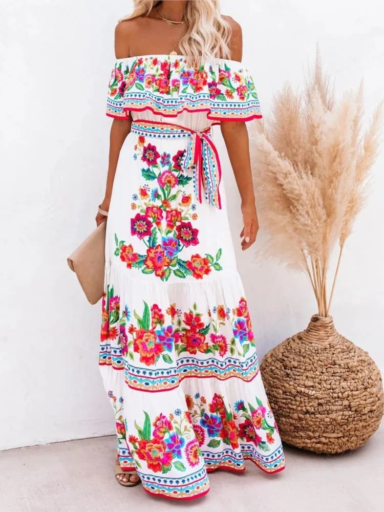 Robe maxi à encolure dégagée pour femmes, robe bohème imprimée, robe éducative, robe de soirée élégante, sexy, décontractée, mode