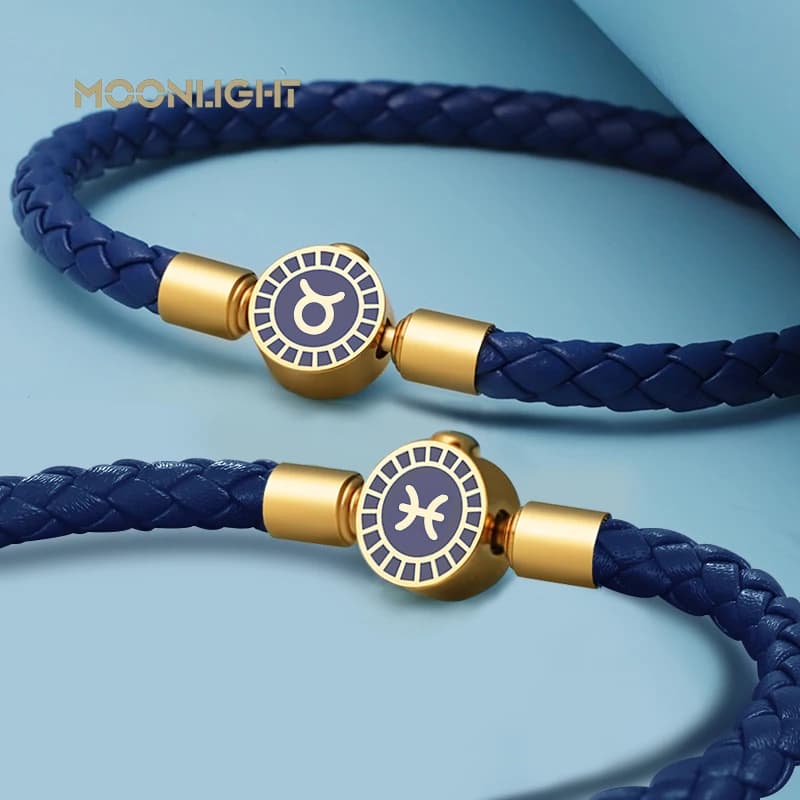 MOONLIGHT 12 Constellation Bracelet à breloques 4.8mm Bracelet en cuir tressé bélier Gemini lion balance vierge taureau Couple bijoux cadeau