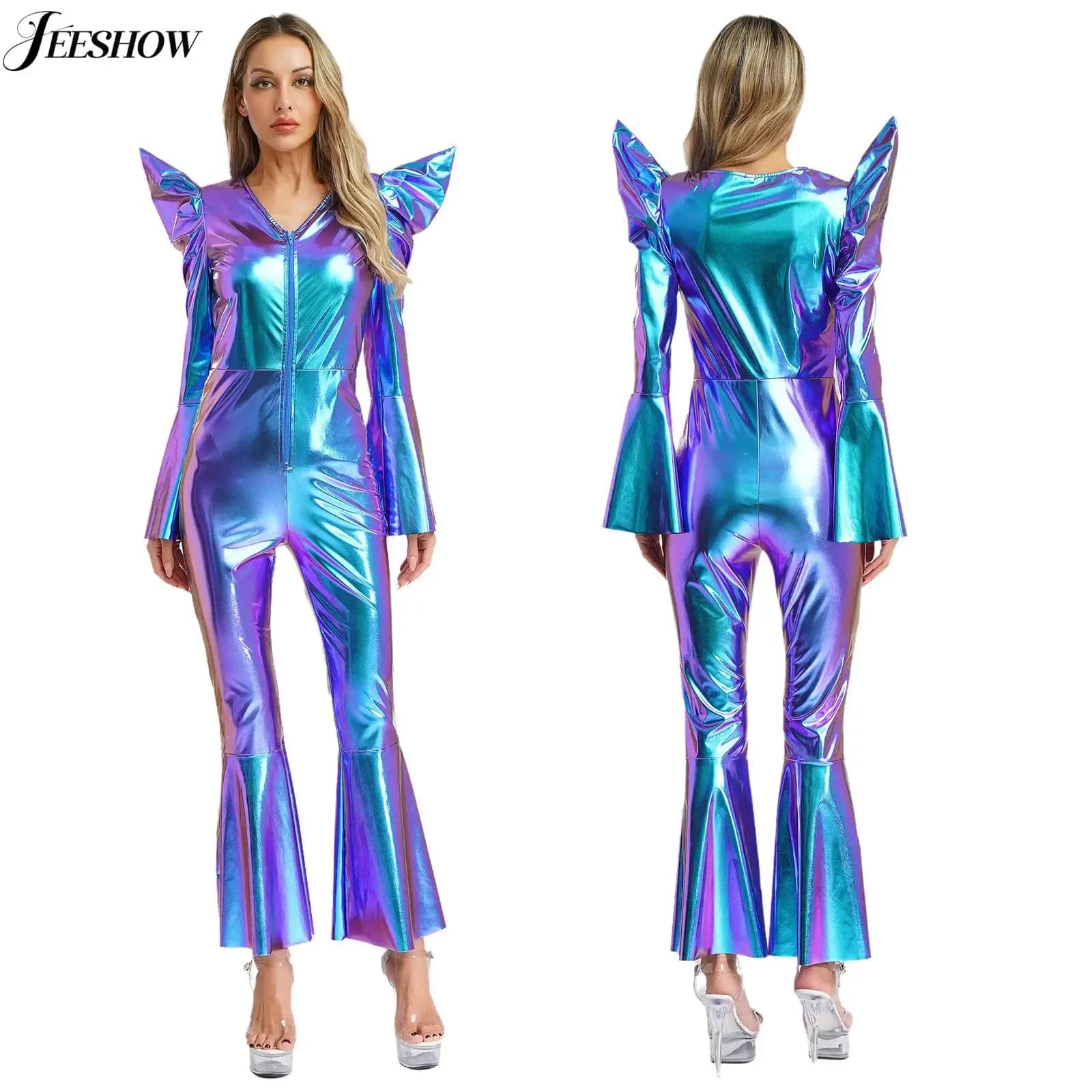 Tenue de danse Disco rétro pour femmes, métallique brillant, manches longues, taille haute, jambe évasée, Costume Hippie, bas de cloche,