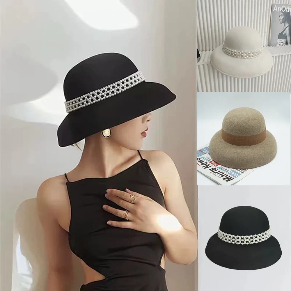 Automne hiver 100% laine chapeau cloche chapeau femmes français élégant rétro Hepburn automne et hiver célébrité perle laine feutre seau