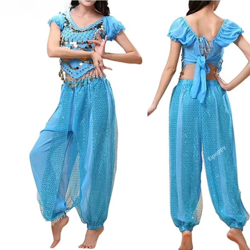 Ensemble de costumes de danse du ventre pour femmes, hauts à paillettes avec sarouel, haut court, pantalon sarouel, tenue de danse arabe d'halloween