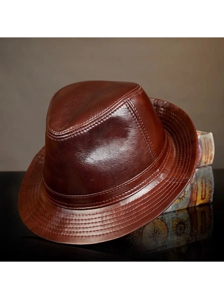 Chapeau Fedoras rétro en cuir véritable de vache pour hommes, chapeau haut de forme chaud pour voyage, automne et hiver