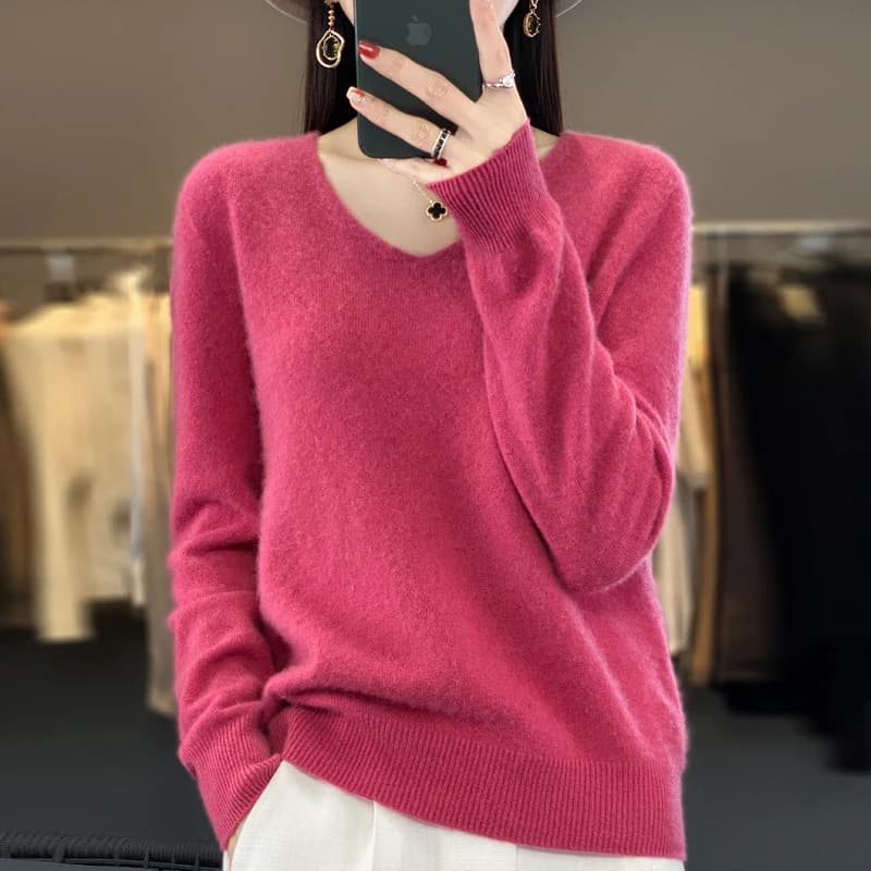 Nouveau pull en cachemire pour femme en automne et en hiver 100% laine mérinos tricoté col en v pull couleur unie mode haut ample