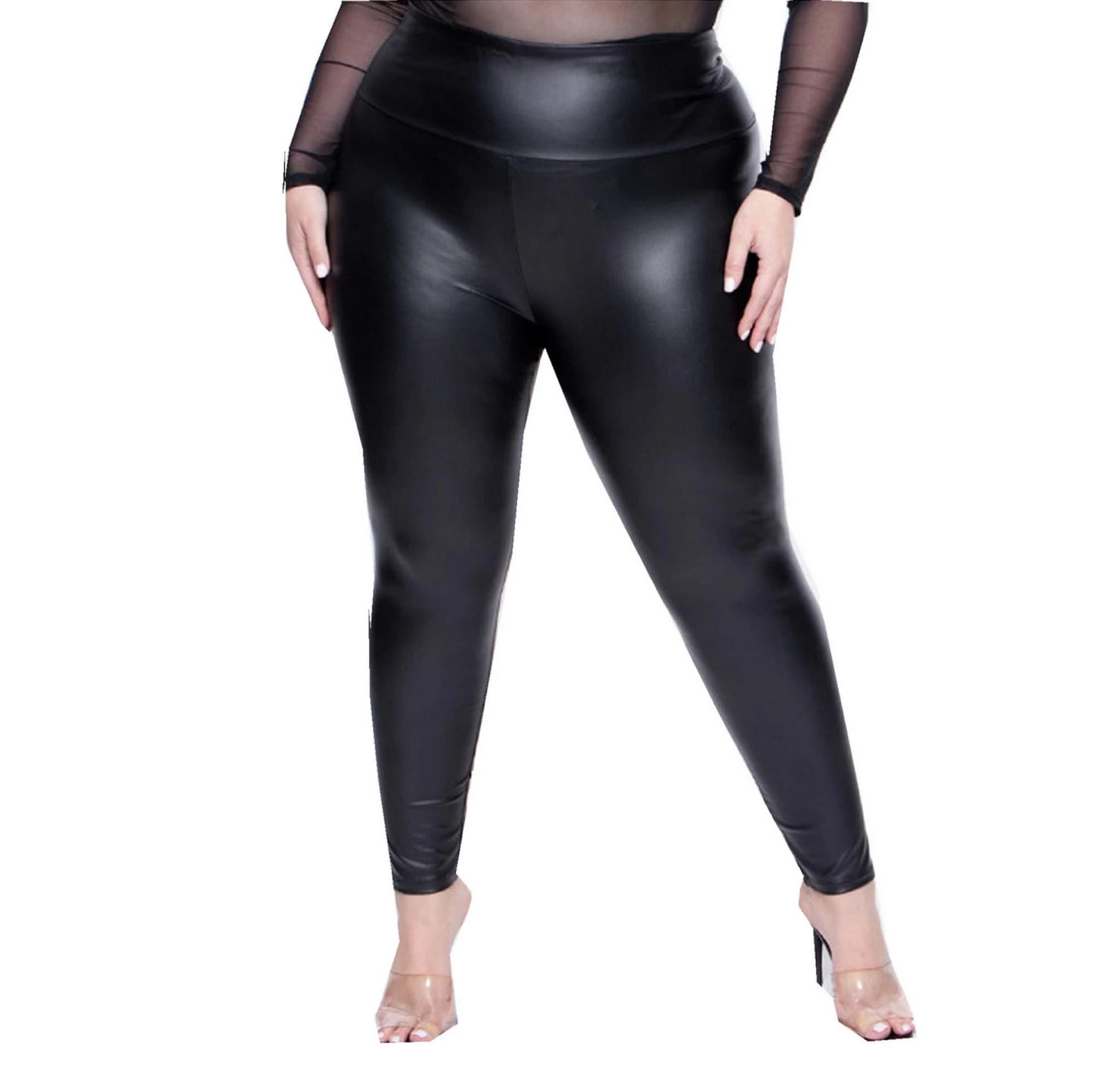 Leggings en Faux cuir PU pour filles, grande taille, tissu brillant, noir, en Spandex, plissé, extensible, taille haute, jegging élégant