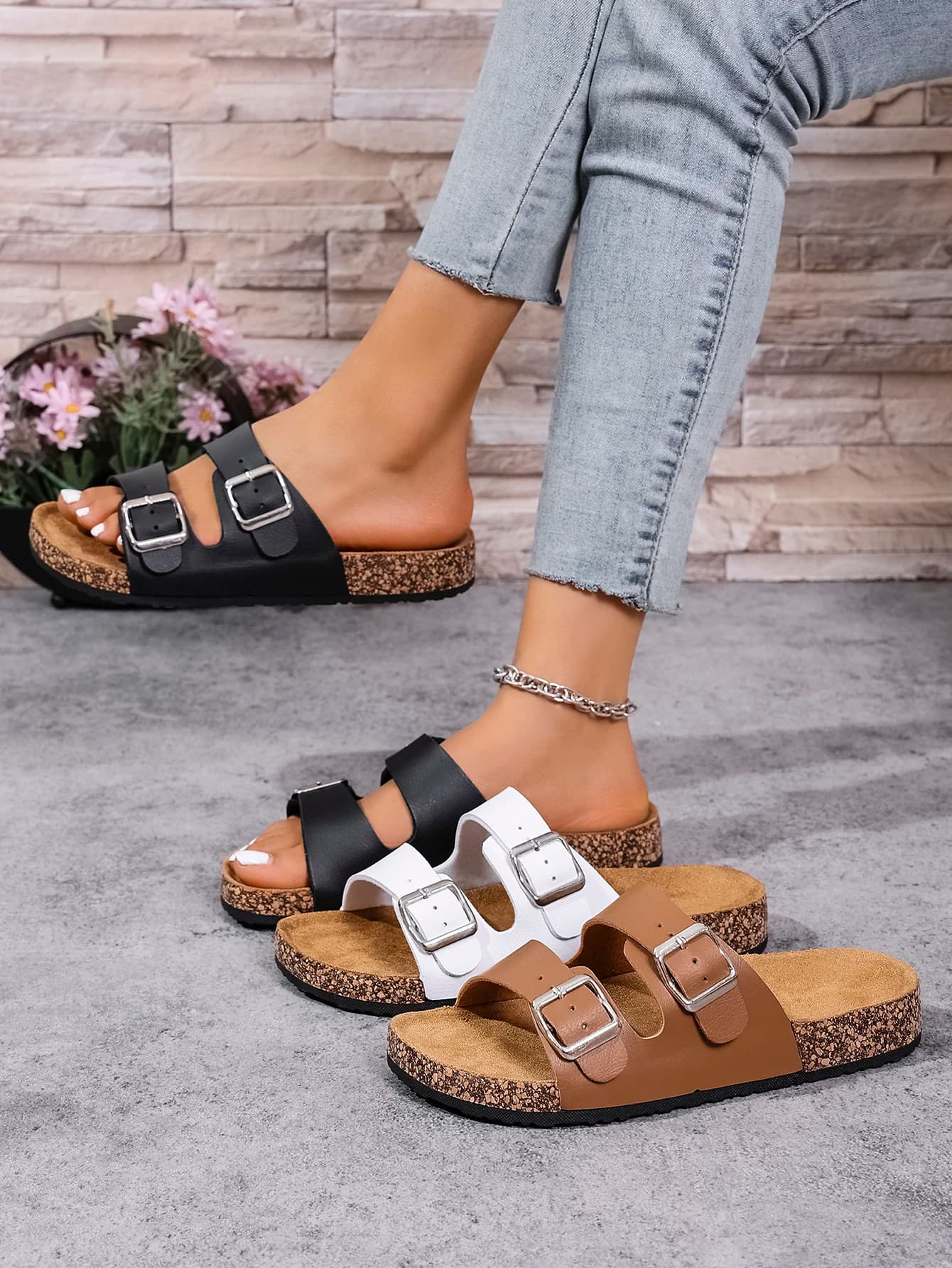 Sandales plates décontractées pour femmes, à double bride, avec boucle simple, motif liège, en PU réglable, à enfiler, pour l'été, le