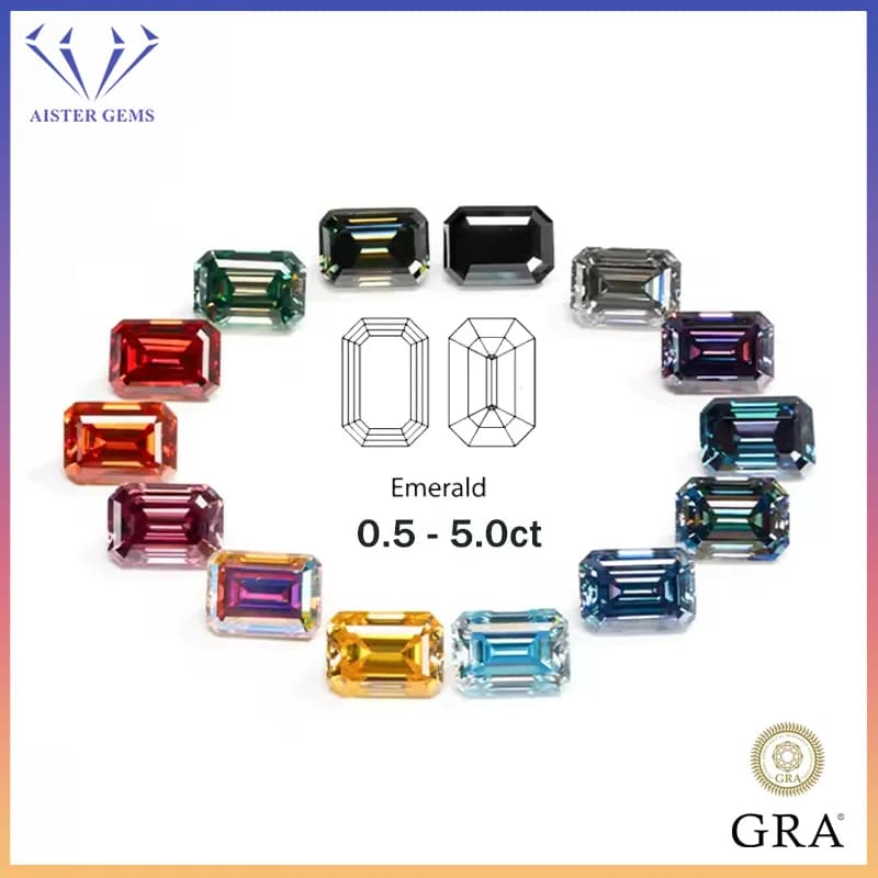 Pierres de Moissanite colorées taille émeraude, 0,5-5 carats, VVS1 3EX, pierres précieuses créées en laboratoire avec certificat GRA, testées