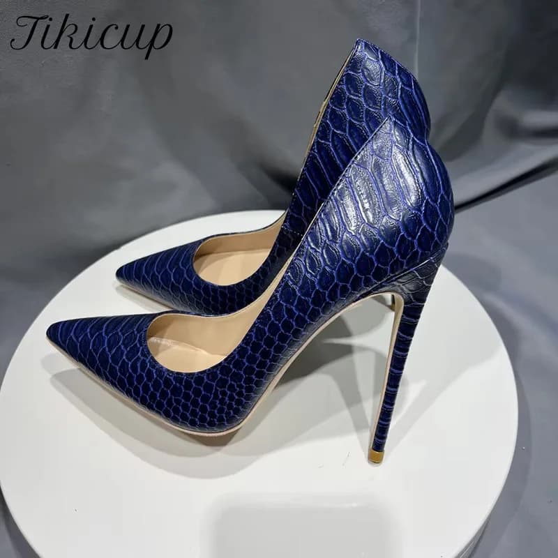 Tikicup Sexy bleu marine effet croco femmes bout pointu 12 cm talons hauts élégant OL dames mode travail pompes aiguilles chaussures habillées