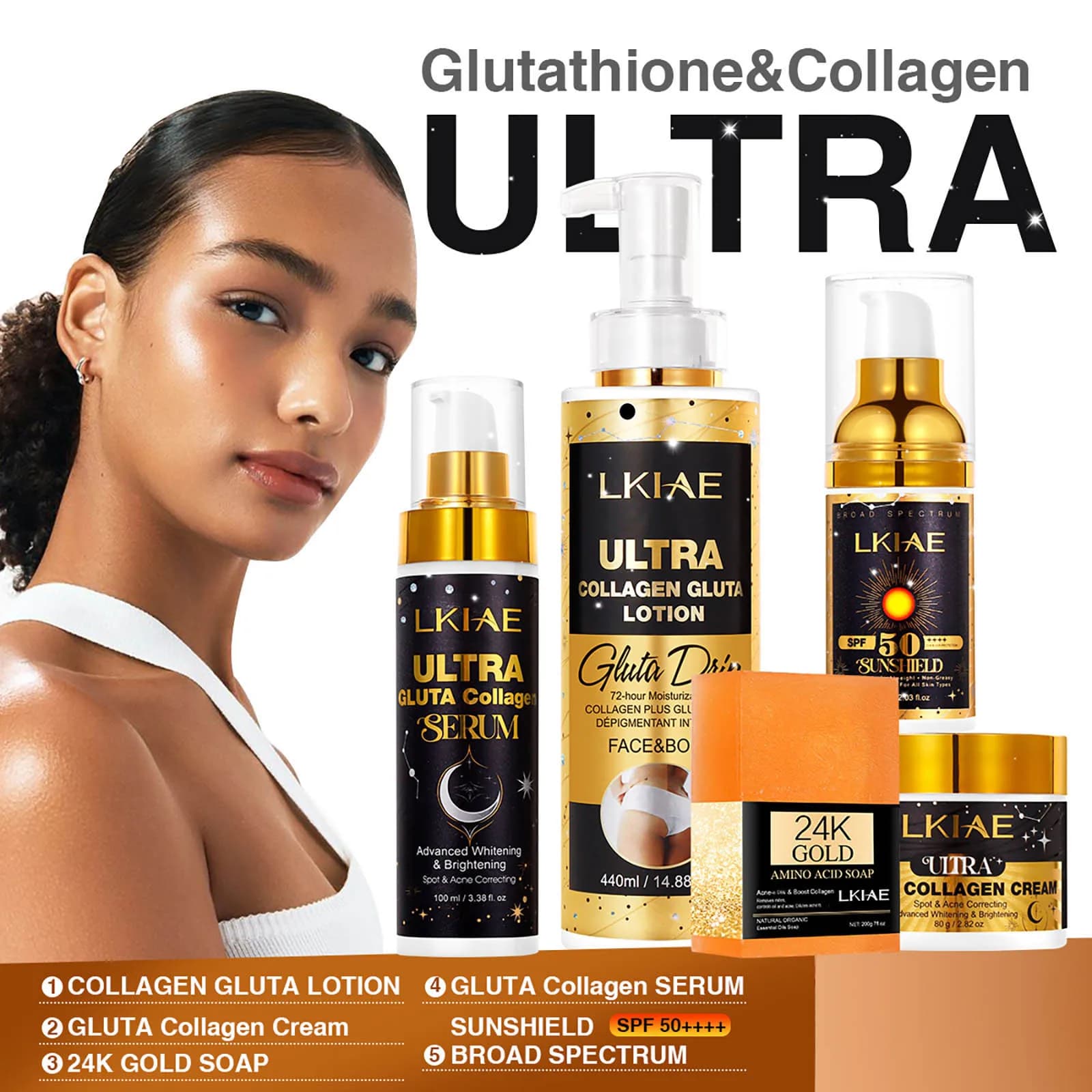 LKIAE Ultra Glutathione et Collagène : Kit Éclaircissant, Hydratant, Réduit les Taches Brunes, Améliore la Rugosité, Laisse la Peau Douce et