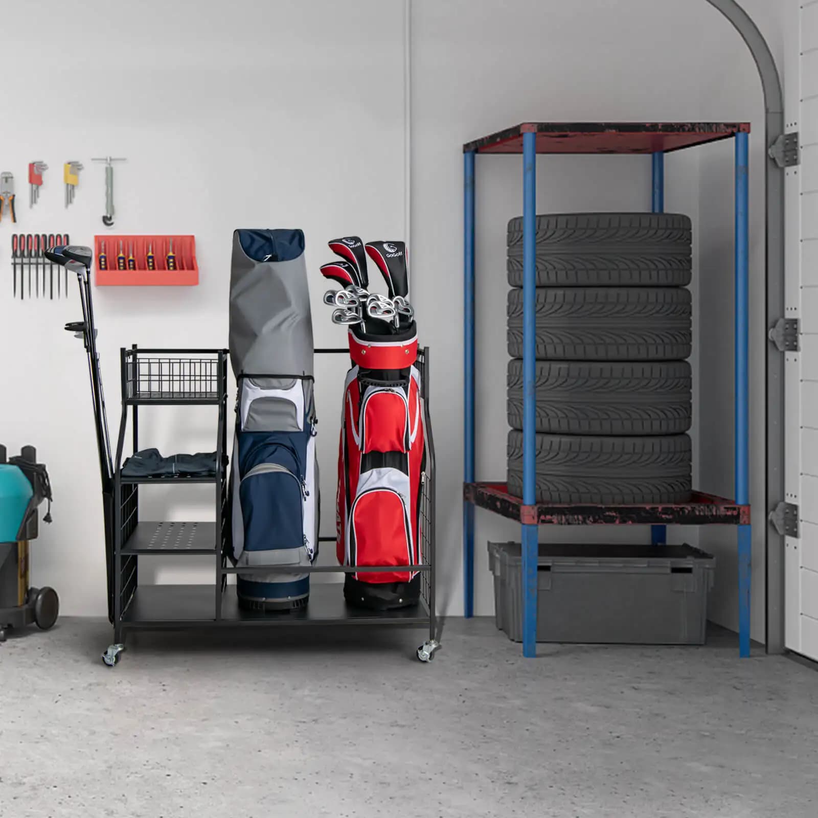 Chariot de rangement pour 2 sacs de golf avec roues verrouillables, barre de sécurité en métal antirouille, accessoires de golf, rangement pour