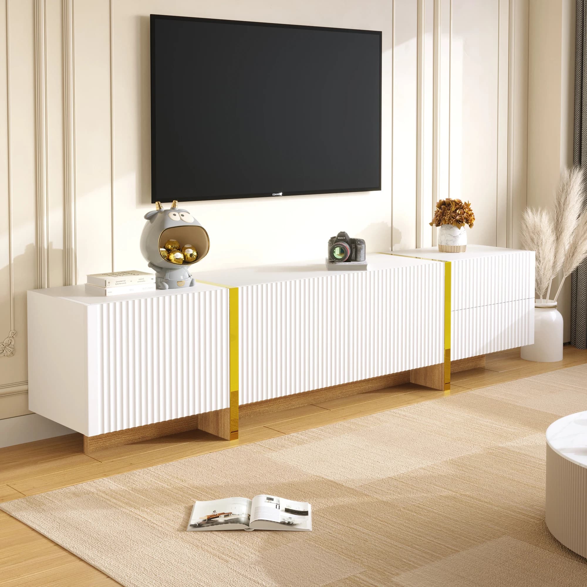 Meuble TV blanc + or massif - meuble TV avec 3 portes et 2 tiroirs, idéal pour salon et salle à manger - 190x35x45 cm