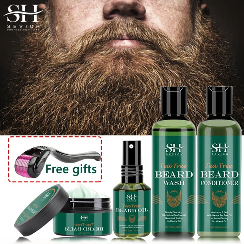Kit de croissance de barbe pour hommes, nourrissant, hydratant, rehausseur de croissance de moustache, huile d'arbre à thé, shampoing Anti-perte de