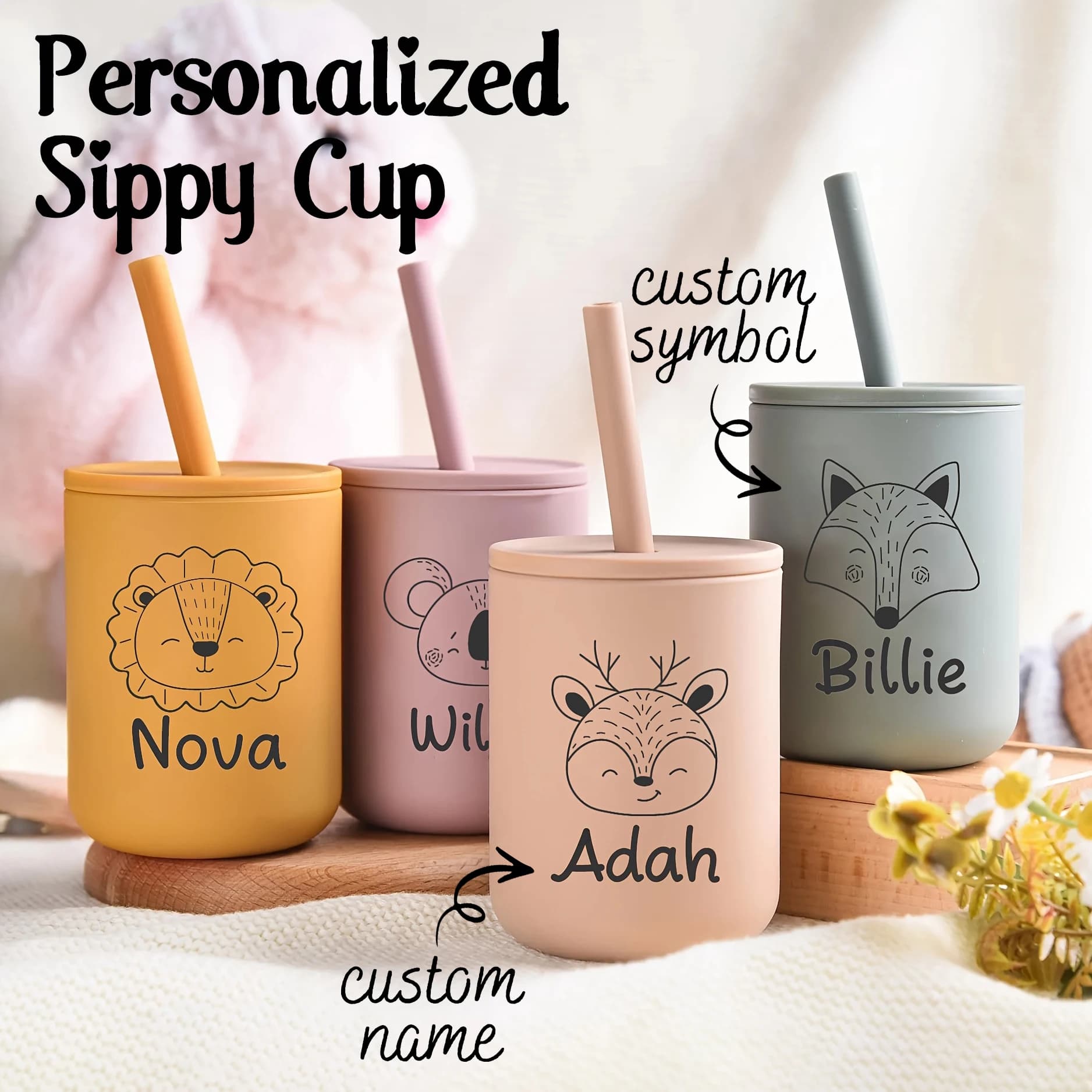 1 tasse en silicone personnalisée, tasse en silicone gravée pour bébé, tasse d'apprentissage pour bébé, gobelet à paille anti-fuite, tasse