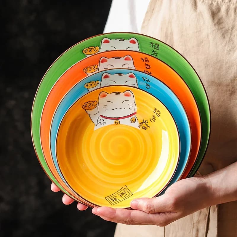 Assiette ronde en céramique chat porte-bonheur de dessin animé, multi-taille, japonais, créatif, multicolore, cuisine, maison, fait à la main,