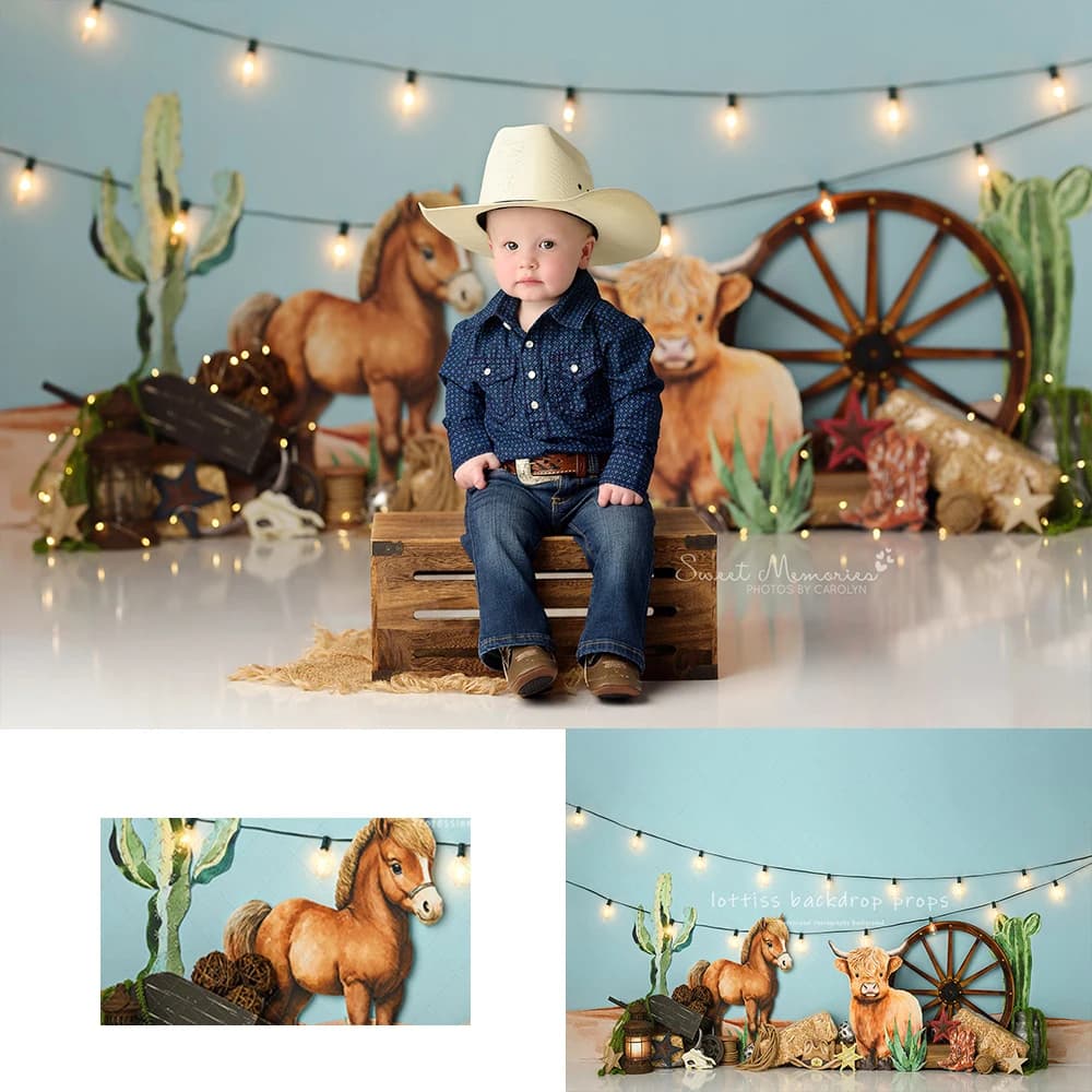 Mignon Cowboy décors enfants bébé gâteau d'anniversaire Smash accessoires enfant adulte Photocall vache cheval photographie décors fond
