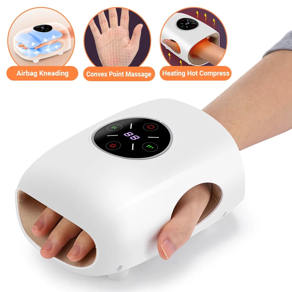 Masseur électrique pour les mains à pression d'air, pétrissage, massage des poignets, massage des doigts par airbag, compresse chaude, acupression