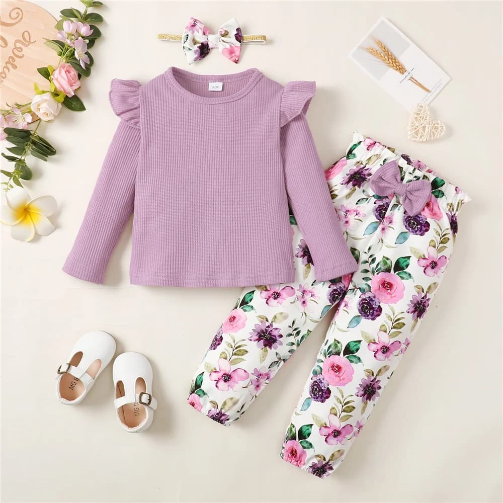 Ensemble de vêtements à manches longues pour filles de 1 à 5 ans, chemise côtelée de couleur unie + pantalon à fleurs + bandeau, tenue d'automne