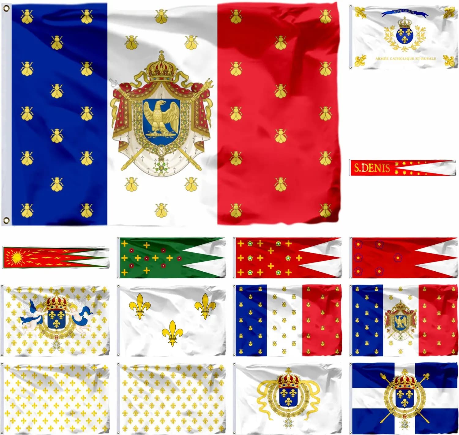 Drapeaux et fanions royaux français – Choix de tailles : 21x14 cm / 2x3 pi / 3x5 pi – Standard impérial du roi Louis XIV – Fanion de Napoléon