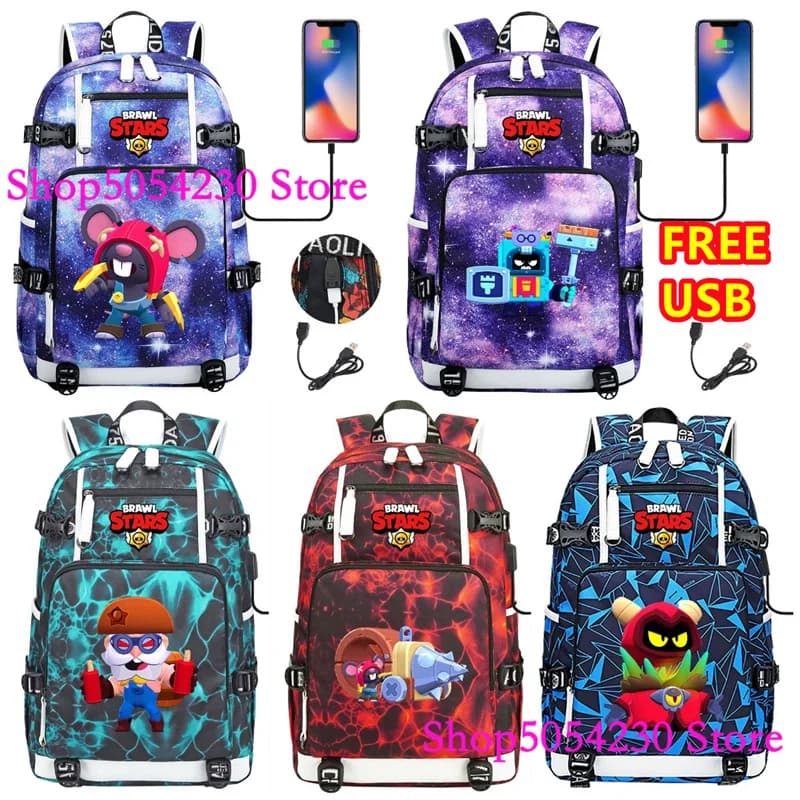 Sac à dos pour adolescents Brawl Stars El Primo Shelly imprimé imperméable, multi-compartiments, USB, pour camping en plein air