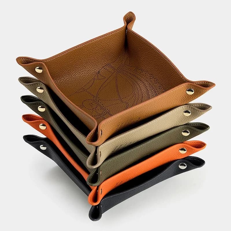 Plateau de rangement en cuir de vache à deux couches, organisateur de bureau pour clés, bijoux, boîte de rangement de cosmétiques, organisateur
