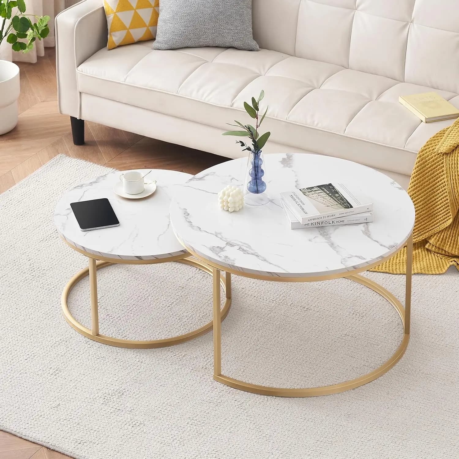 Table basse Rosahqnda aspect marbre, cadre rond doré/noir, lot de 2, table empilable moderne pour salon, table d'appoint pour salon