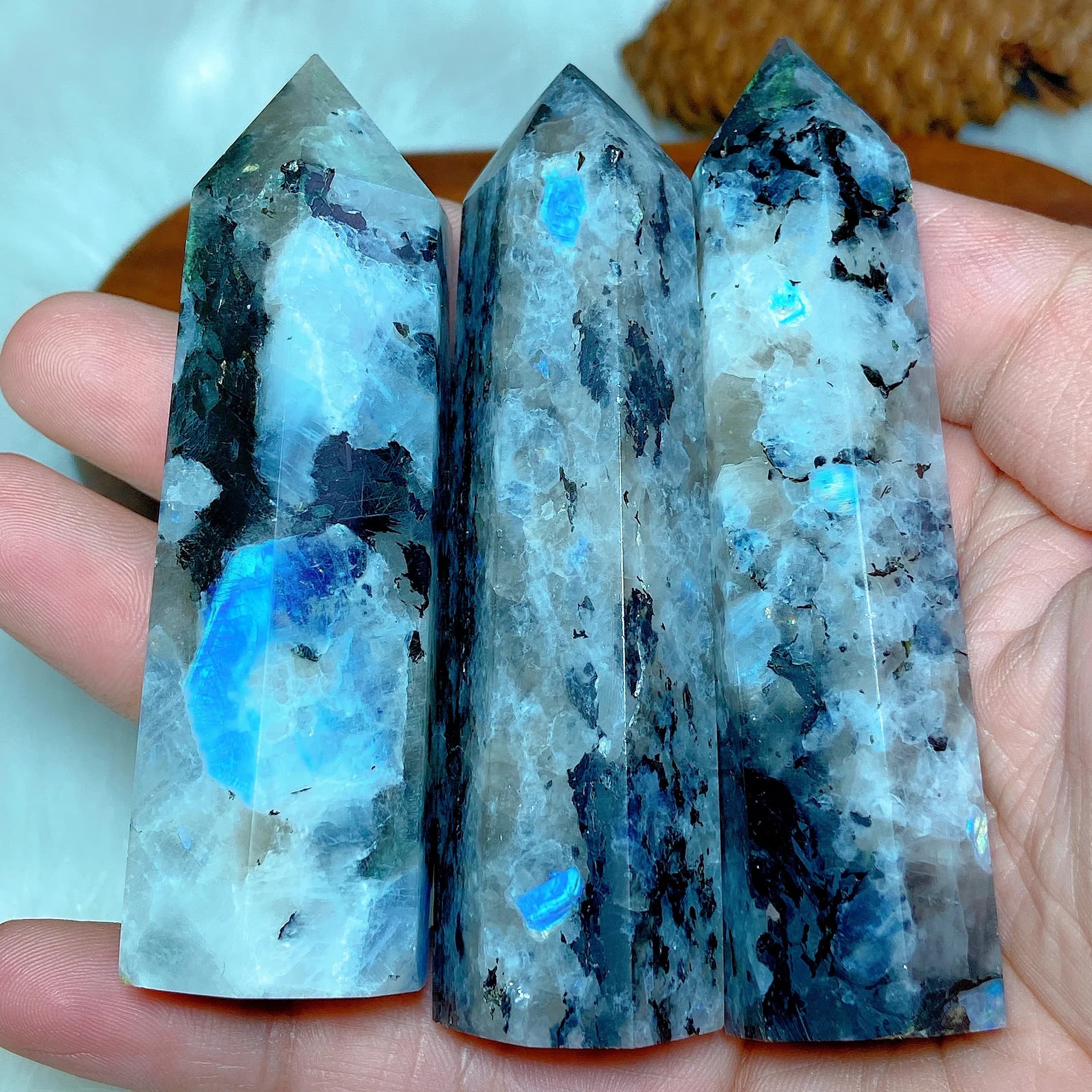 Pierre de lune blanche en cristal naturel, tourmaline noire, point de tour, pierre flash bleue, pierre précieuse de guérison énergétique, minerai