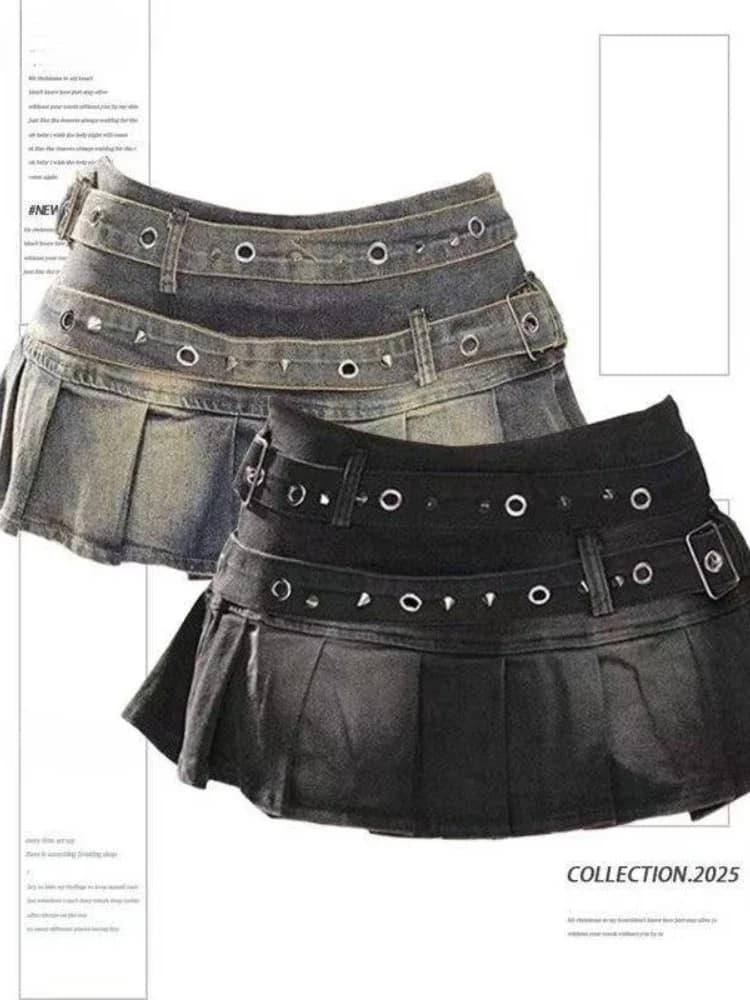 Jupe en jean avec ceinture rivetée bleue et noire pour femmes, Y2K, Harajuku, mode de rue, Mini jupe trapèze Sexy des années 90, vêtements