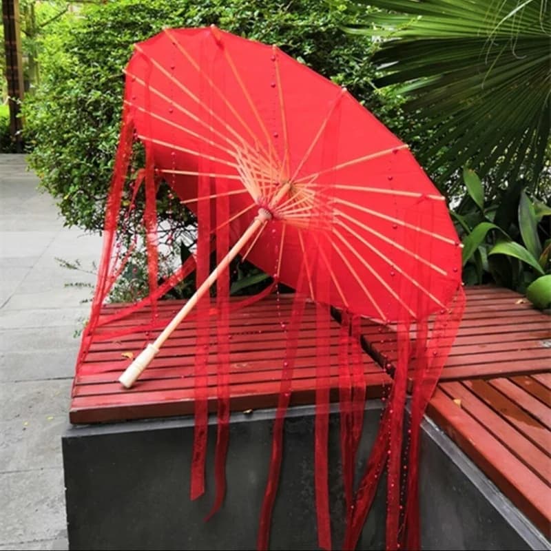 Parapluie rouge imitation carthame, 82cm, motif prairie, fleur, ville, Cos Hanfu, papier, huile antique, ruban, accessoires, parasol