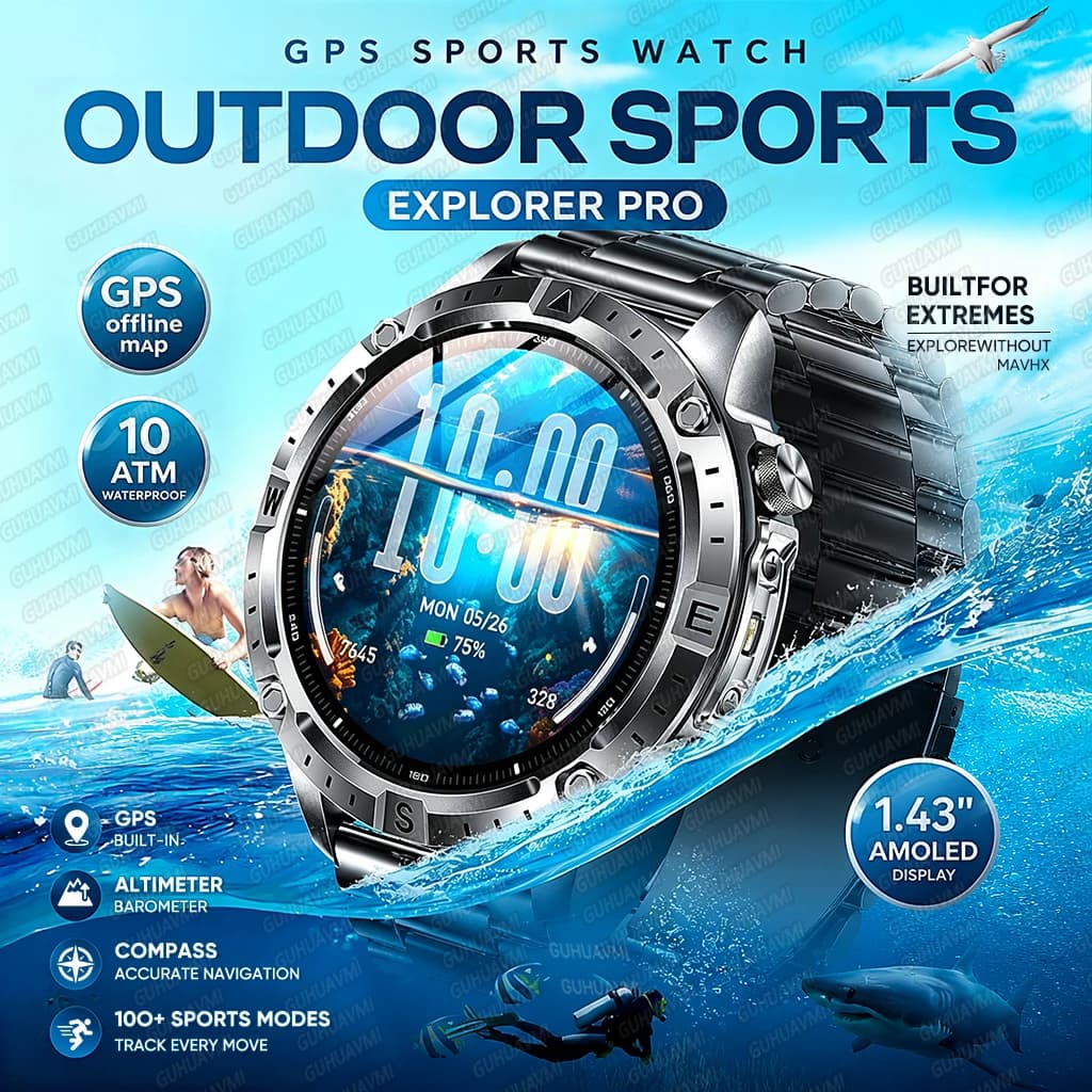 Nouvelle Montre Connectée de Sport Extérieur 2026 avec GPS Intégré, Carte Hors Ligne, Étanchéité 10 ATM, Boussole, Altimètre, pour Hommes,