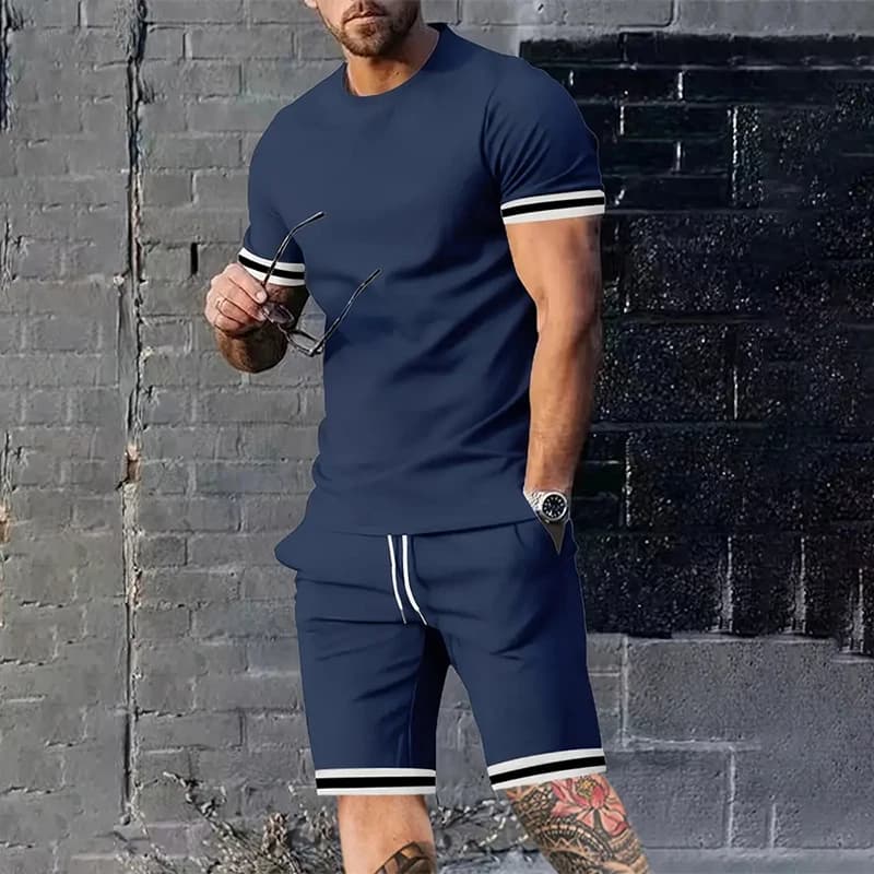 Mode D'été Gentleman Mouvement Ensemble Chef Bouche Rayé Imprimé Casual Costume Respirant Et Absorbant Lâche Hommes de Survêtement