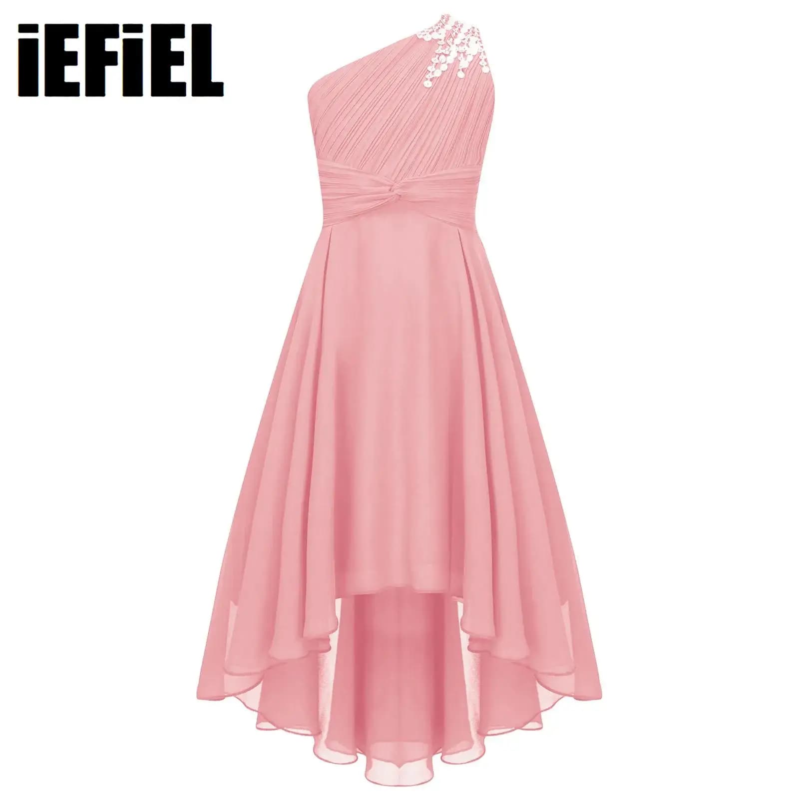 Robe de soirée à perles brillantes pour petites filles, Chic, froncée, ourlet asymétrique, pour bal de promo, mariage, bal senior