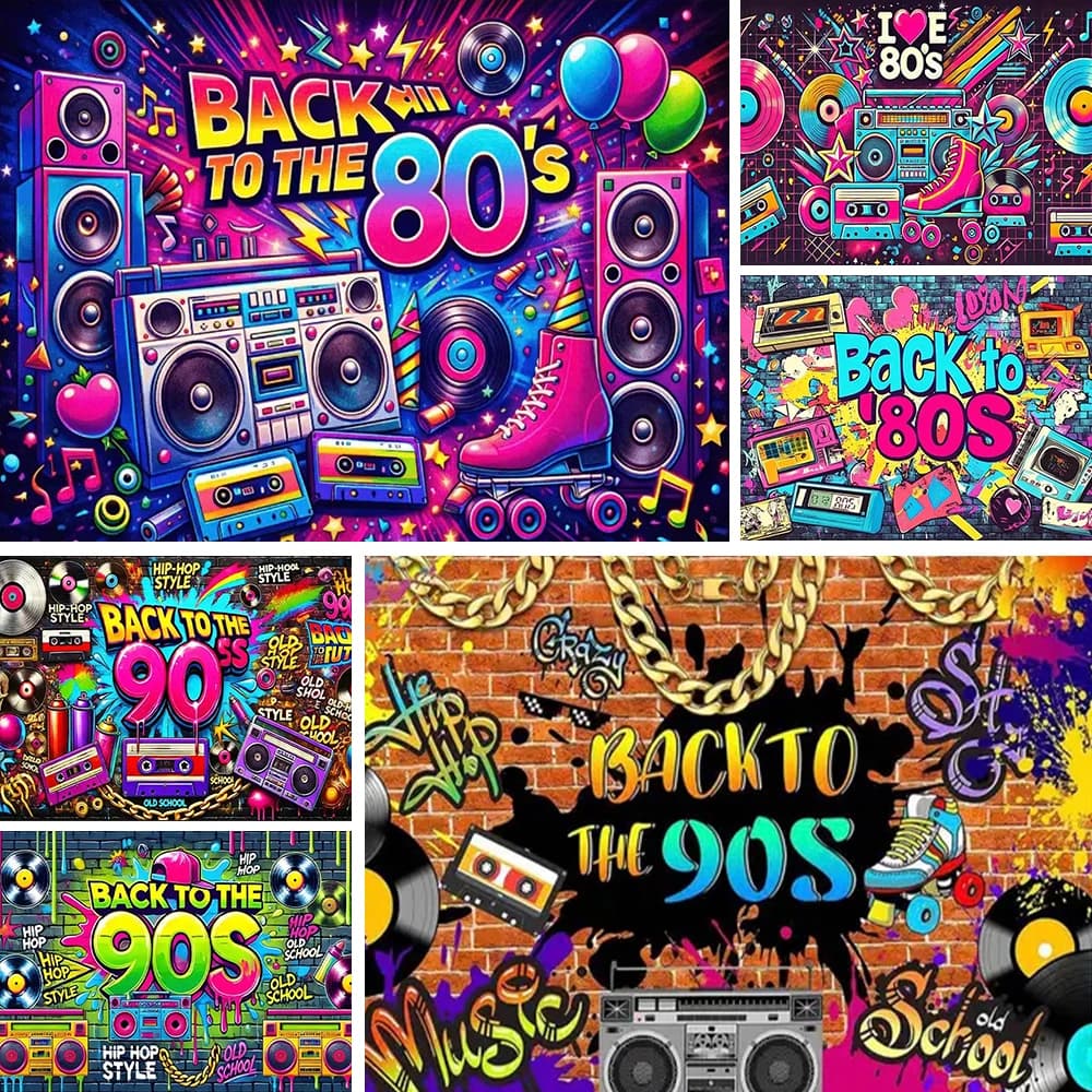 Fond de photographie pour fête d'anniversaire adulte sur le thème de la musique Hip Hop Disco des années 80 et 90, avec graffiti, danse et néons