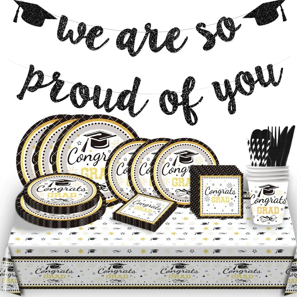 Kit de Fête de Remise des Diplômes Noir et Or 2026 – Assiettes, Gobelets, Serviettes et Décorations de Table « Félicitations Diplômé » pour