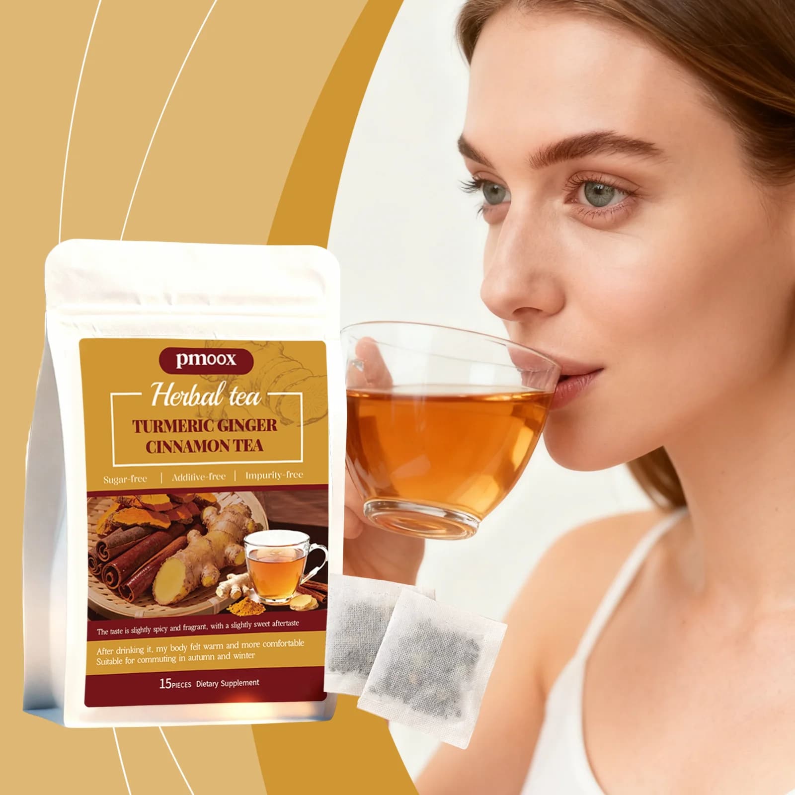 Thé au curcuma et à la cannelle de Ceylan, sachets individuels, sans sucre, chaud et nourrissant, une boisson quotidienne douce.