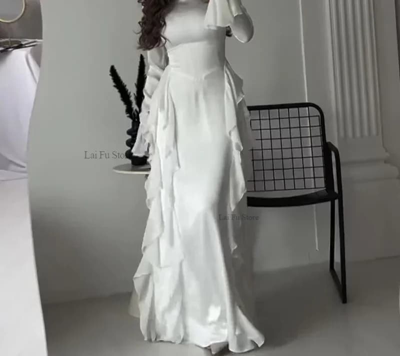 Robe longue à volants pour femmes, col haut, manches évasées, Sexy, blanche, manches longues, à lacets, Slim, élégante, soirée