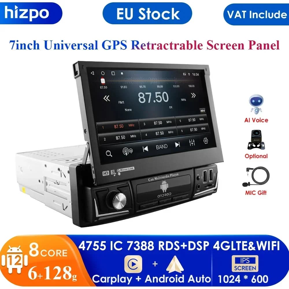 Autoradio CarPlay avec Navigation GPS, Écran Rétractable IPS, Lecteur de Limitation Android, Audio et Vidéo Universel, 1 DIN