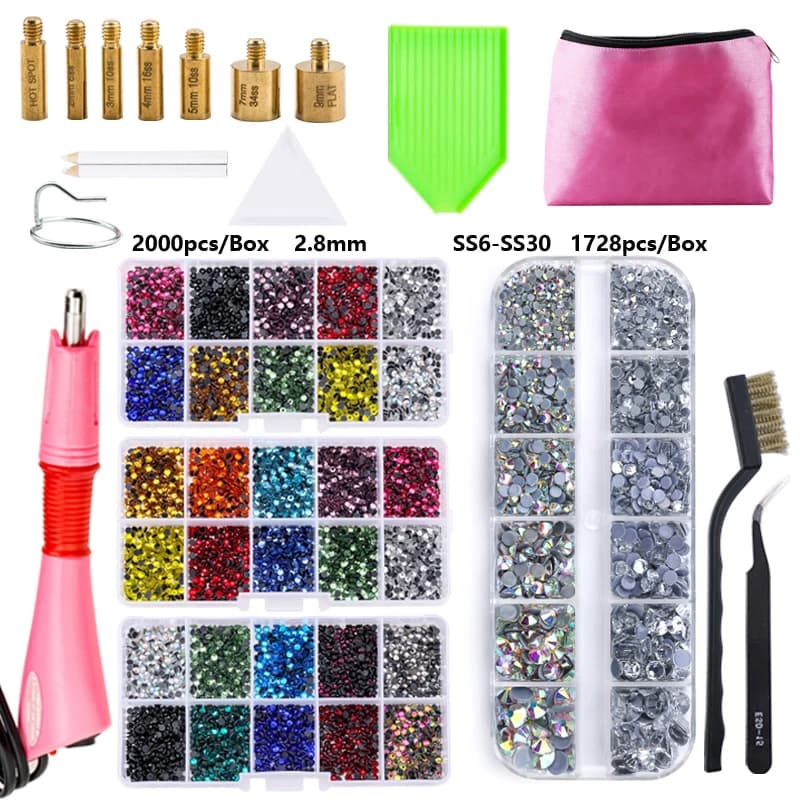QIAO – ensemble de Strass correcteurs, prise EU/US, applicateur Hotfix, 7 pointes, Strass en verre de cristal à repasser pour décorations de